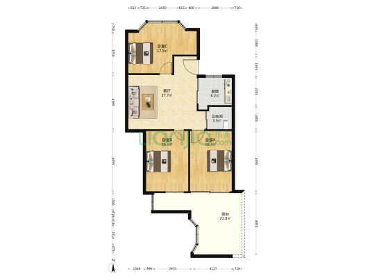 电力公寓 3室1厅1卫 106平方