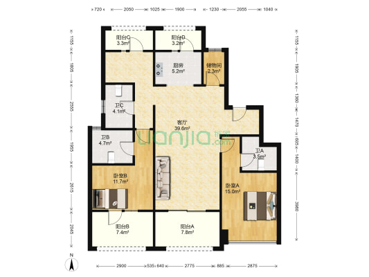 雅戈尔紫玉花园 2室1厅3卫 129平方
