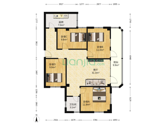 画院宿舍 4室1厅1卫 107平方