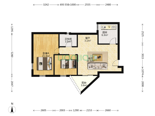 幸运阁 2室2厅1卫 83平方