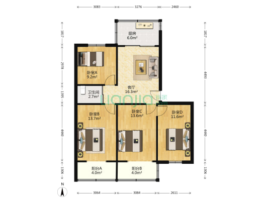 陕西省档案局家属院 4室1厅1卫 87平方
