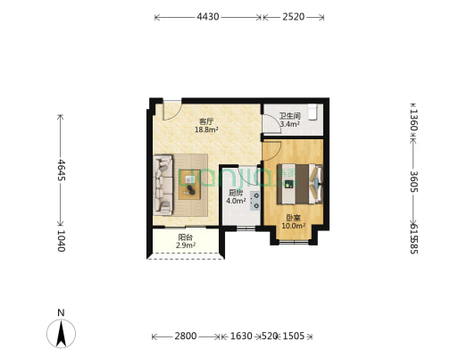 亚太新城亚太银座一期 1室1厅1卫 51平方