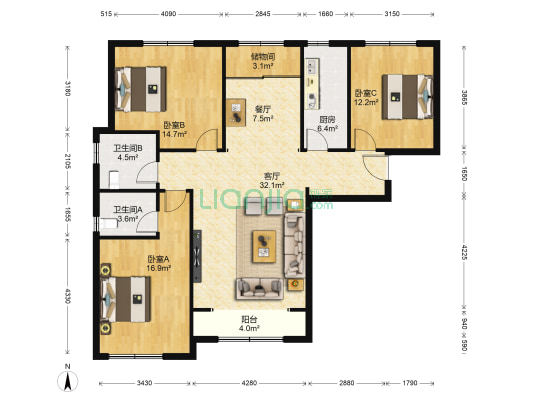 宝地经典 3室2厅2卫 141平方