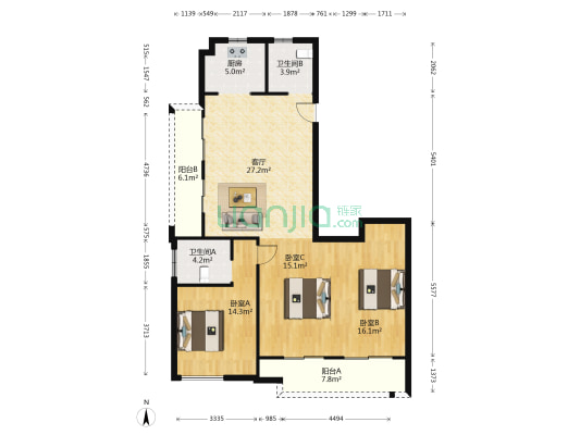珑源里 3室1厅2卫 128平方