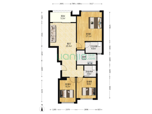 金地翠园 3室1厅2卫 95平方