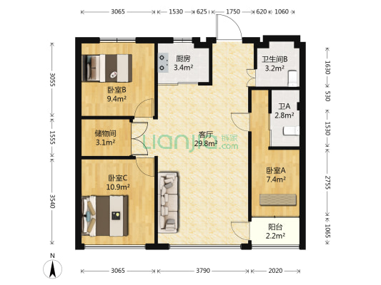瑞豪商厦 3室1厅2卫 106平方