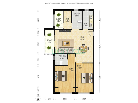 凤凰城凤鸣苑 2室1厅2卫 116平方