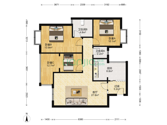 兰亭半岛 3室1厅2卫 89平方