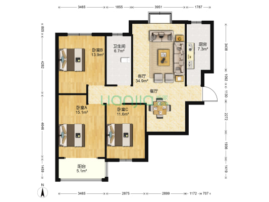 城市景苑 3室1厅1卫 121平方