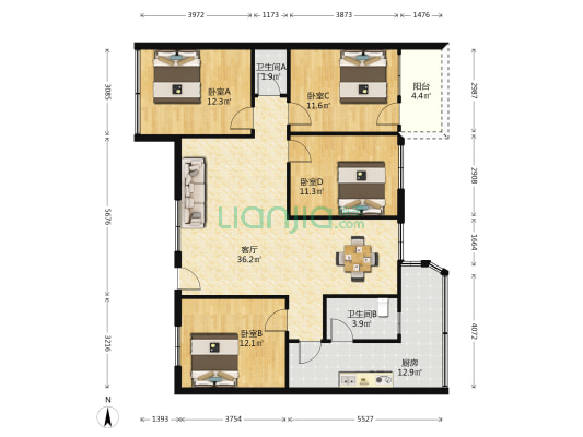 新城东十号区 4室1厅2卫 118平方