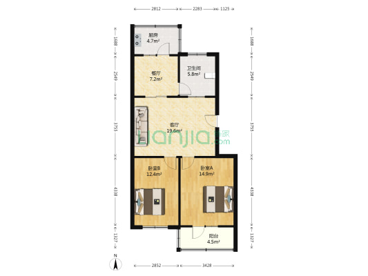 人大楼 2室2厅1卫 87平方