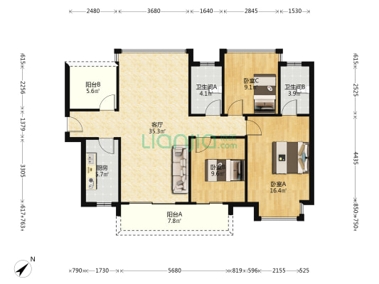 锦悦江南 3室1厅2卫 114平方