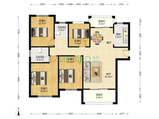阳光丽城一期 4室1厅2卫 125平方