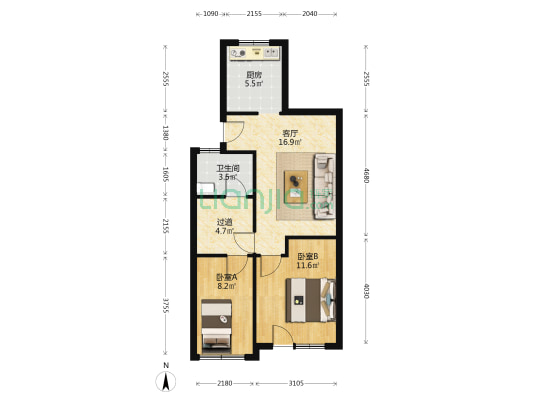 青大职工宿舍 2室1厅1卫 66平方