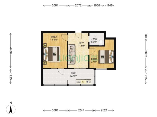二府庄小区 2室1厅1卫 56平方