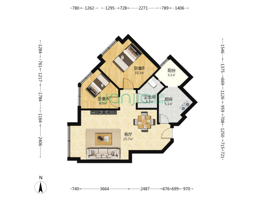 金地汇国际公寓 2室1厅1卫 62平方