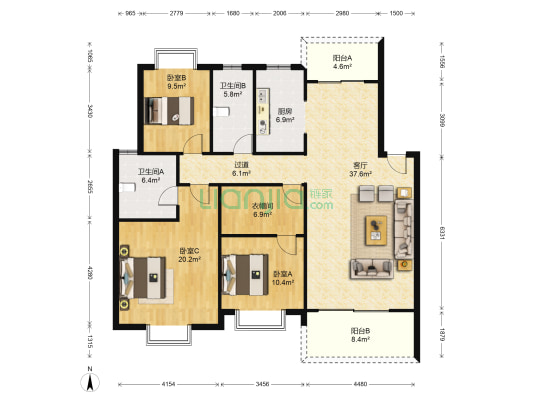 中鼎江岸花城 3室1厅2卫 210平方