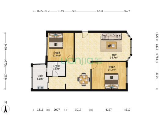 攀西商厦 2室1厅1卫 87平方