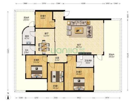 新洲花园 4室2厅2卫 125平方