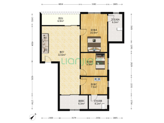 威华苑 3室1厅2卫 107平方