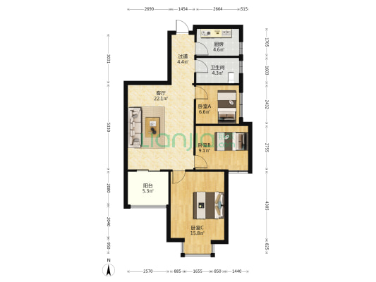 訾营安置区 3室1厅1卫 90平方