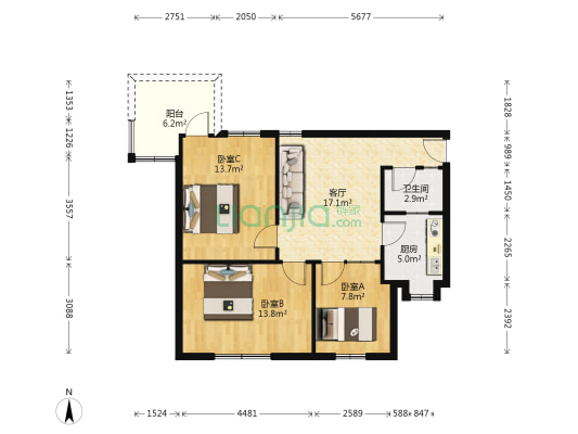 望月湖小区三片区 3室1厅1卫 74平方