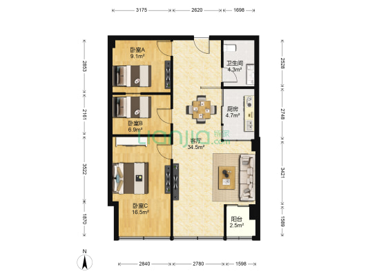 丽晶广场 3室1厅1卫 91平方