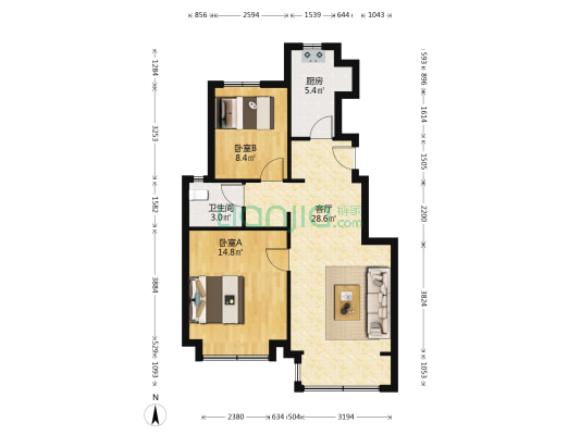 中建壹方九里宸澜华庭 2室1厅1卫 85平方