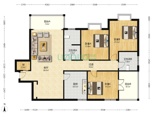 天鸿园 3室1厅2卫 162平方