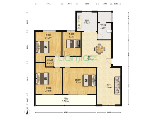 省新闻出版局88号院 4室2厅1卫 135平方