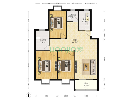 梅荆花苑三期-西 3室1厅2卫 125平方