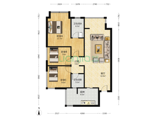 俊发滨河俊园 3室1厅2卫 105平方