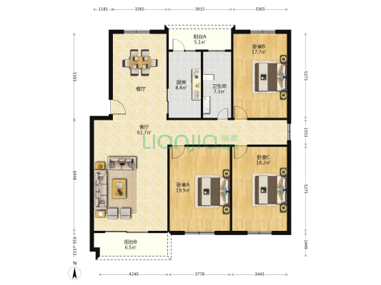 百圣花苑 3室1厅1卫 160平方