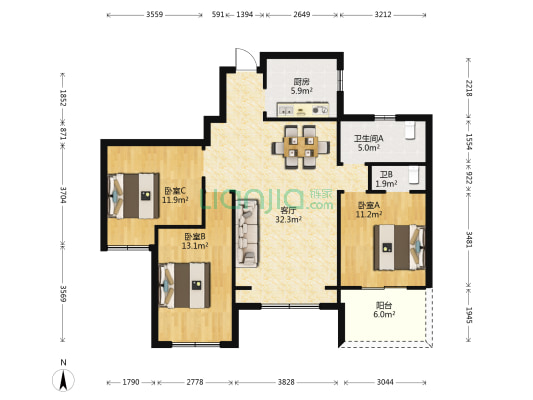 东湖世纪城三区 3室1厅2卫 104平方