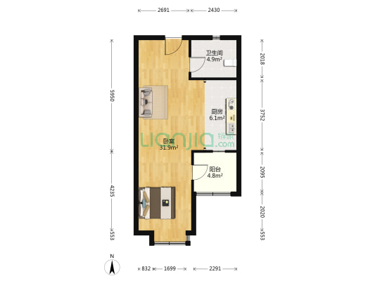 万达维多利亚湾 1室0厅1卫 65平方