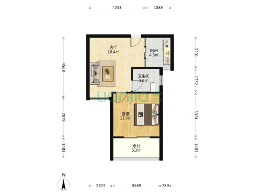 翡翠三期 1室1厅1卫 45平方