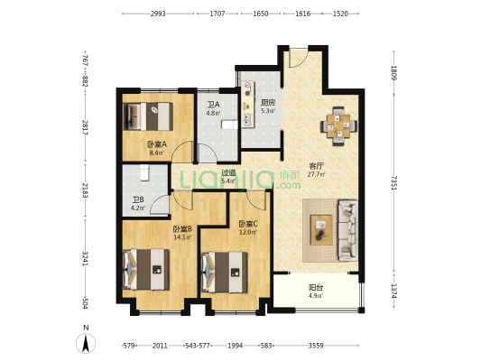 融创都会中心(北区) 3室1厅2卫 118平方