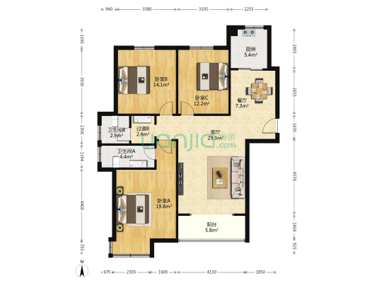 秀水新华城 3室2厅2卫 129平方