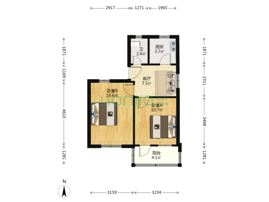 宋城路46号 2室1厅1卫 54平方