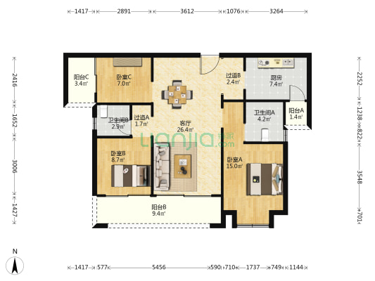 国欣·向荣广场 3室1厅2卫 112平方