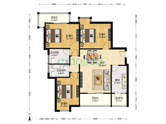 东方雅居 3室1厅2卫 125平方