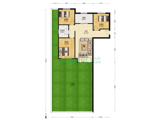 高铁新干线一楼带院子 精装修 南北通透 大三居 急售-户型图