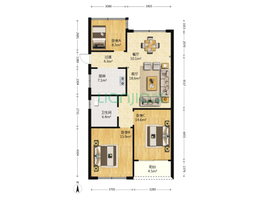浙铁绿城玫瑰园 3室2厅1卫 117平方