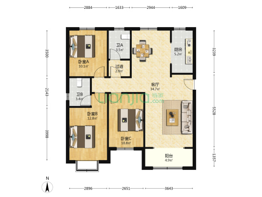 军城雅郡 3室1厅2卫 122平方
