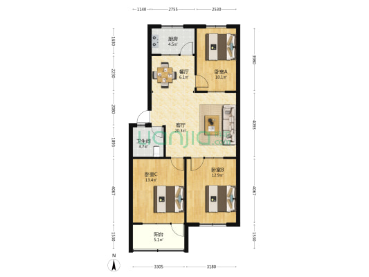 怡馨园 3室2厅1卫 91平方