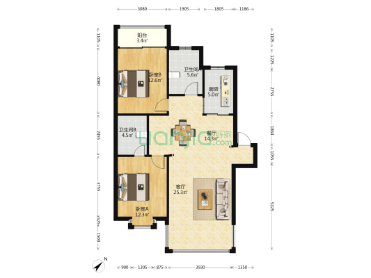 群山花苑南区 2室2厅2卫 100平方