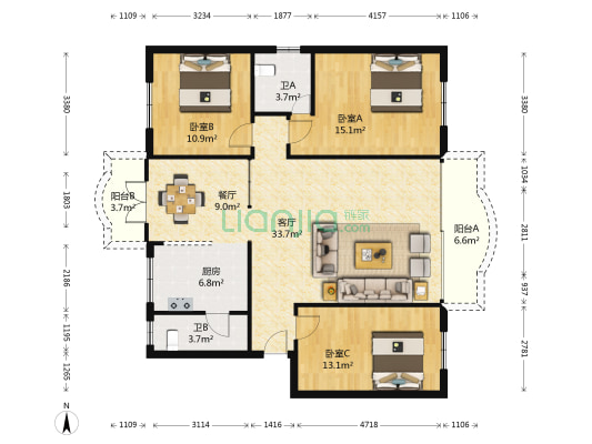 长信花园 3室2厅2卫 130平方