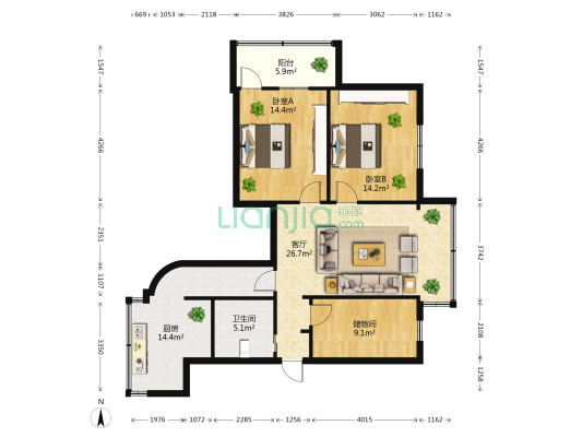 靖国新村54号 2室1厅1卫 90平方
