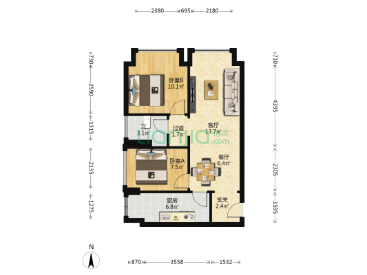 港湾天际 2室2厅1卫 65平方