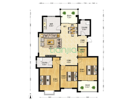 江铜花苑 3室1厅2卫 151平方